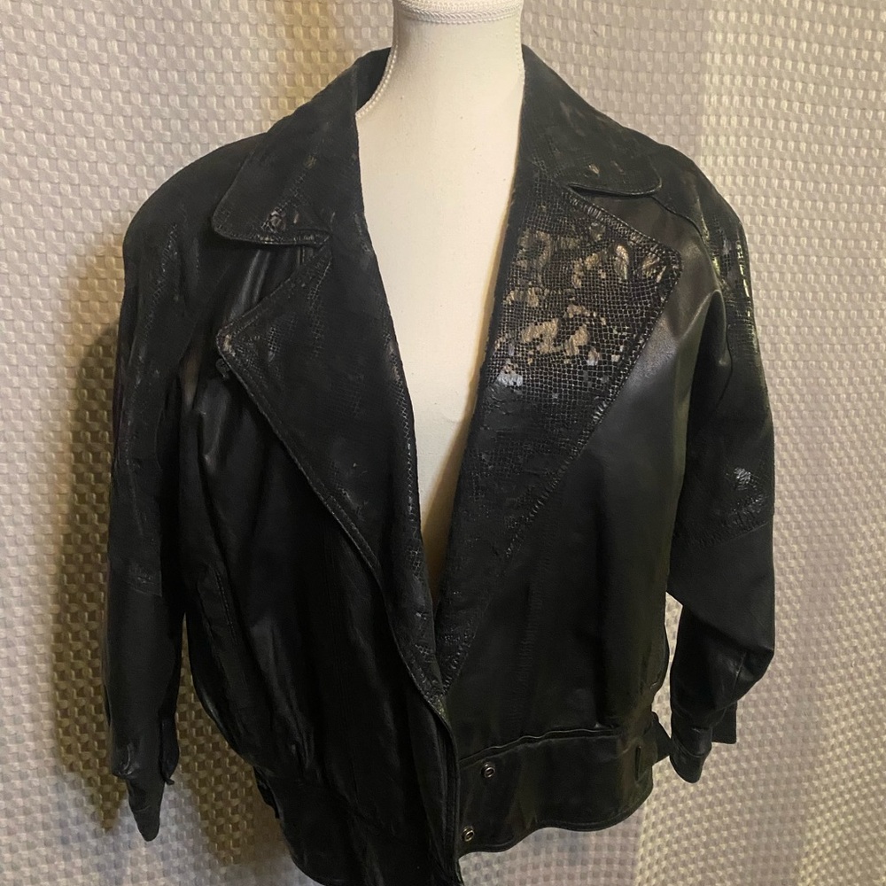 Black Women’s Faux Leather Moto Jacket with Textured Panels
